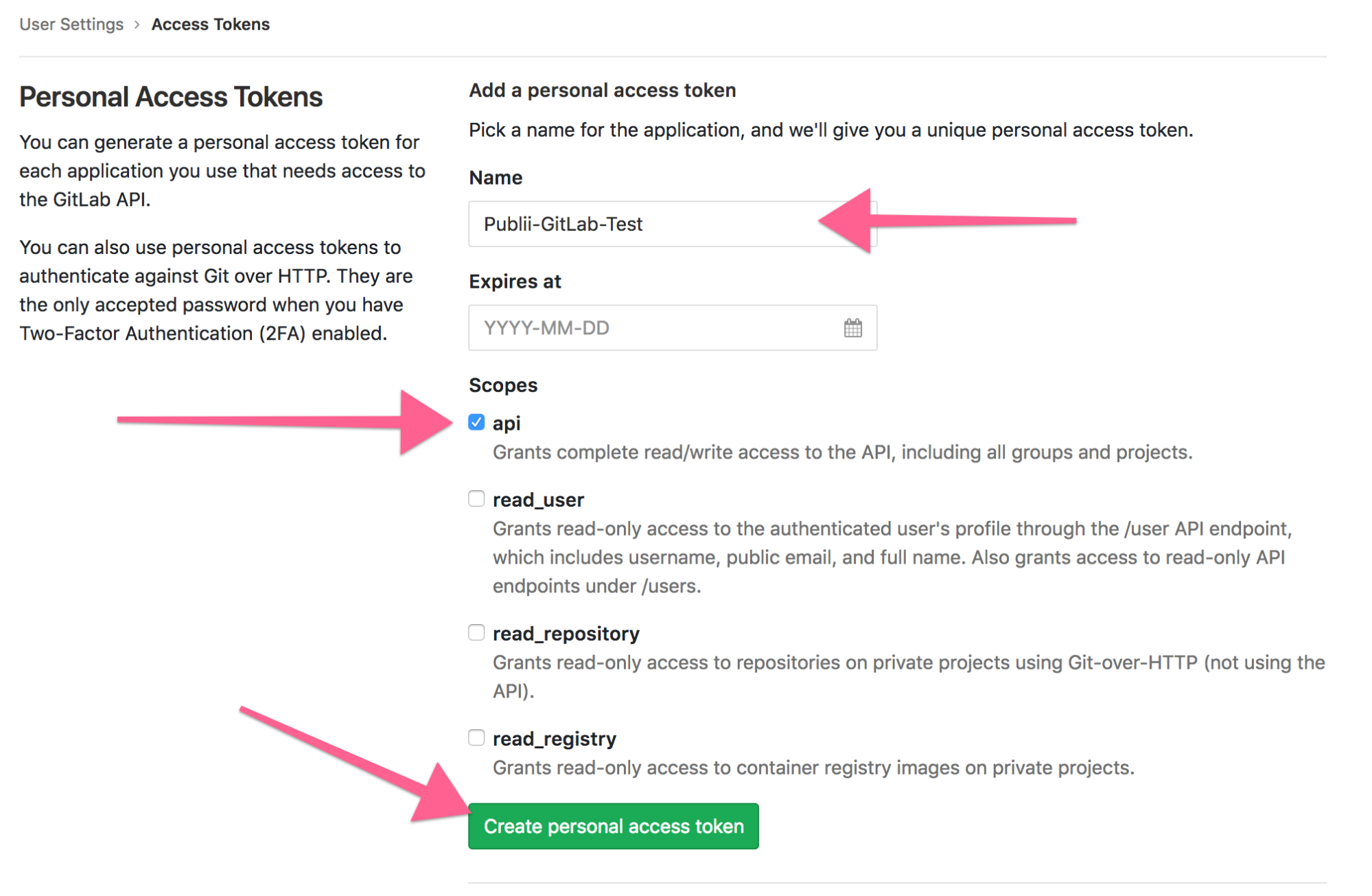 Create a Gitlab Personal Access Token