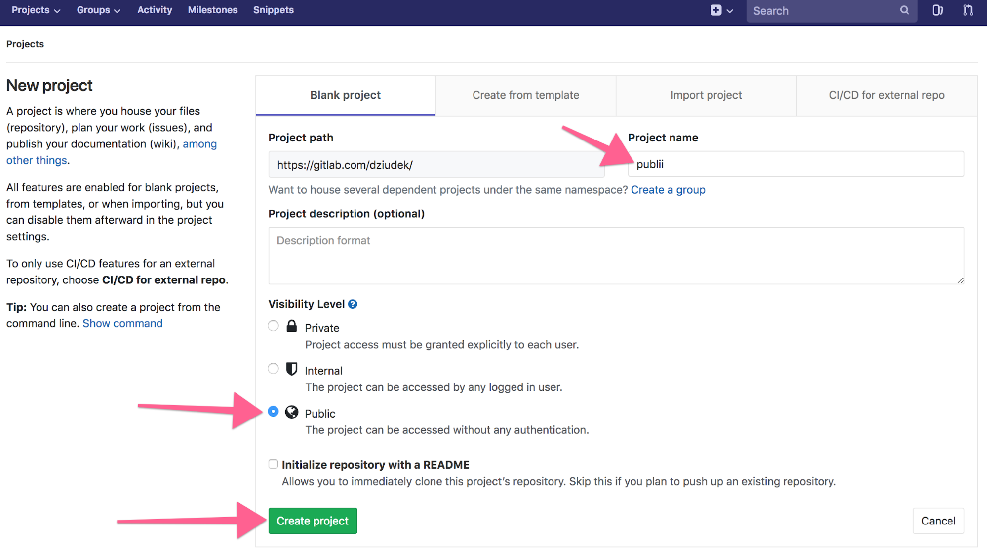 Create a New GitLab Project - Initial Settings