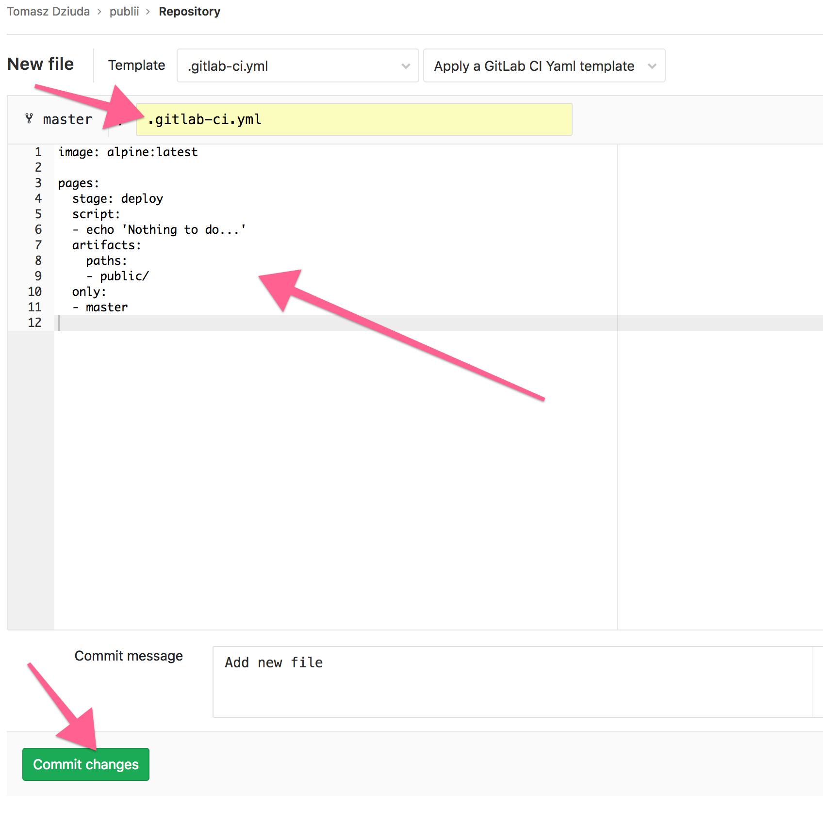 The .gitlab-ci.yml file creation